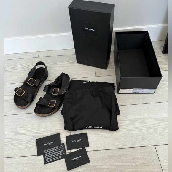 Saint Laurent 37.5 Jam Flat Slingback sandals black leather gold luxury summer - Picture 14 of 16